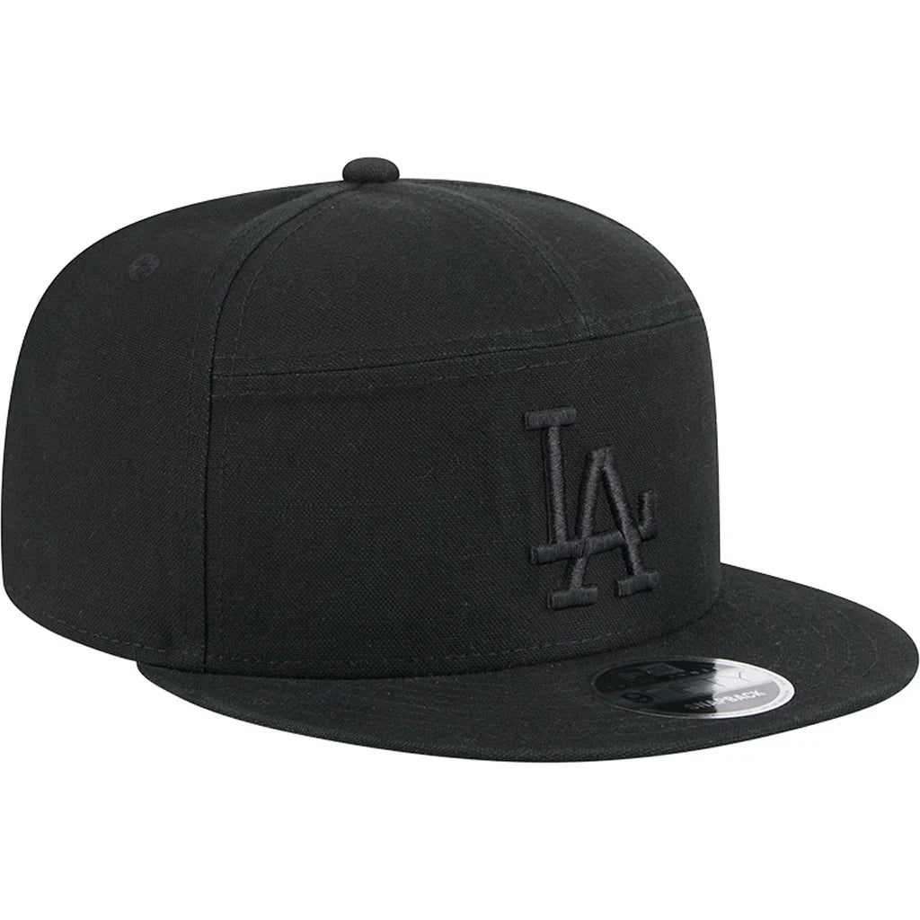 New Era Los Angeles Dodgers Cotton Canvas 9FIFTY Split Panel Trucker Hat-Black/Black
