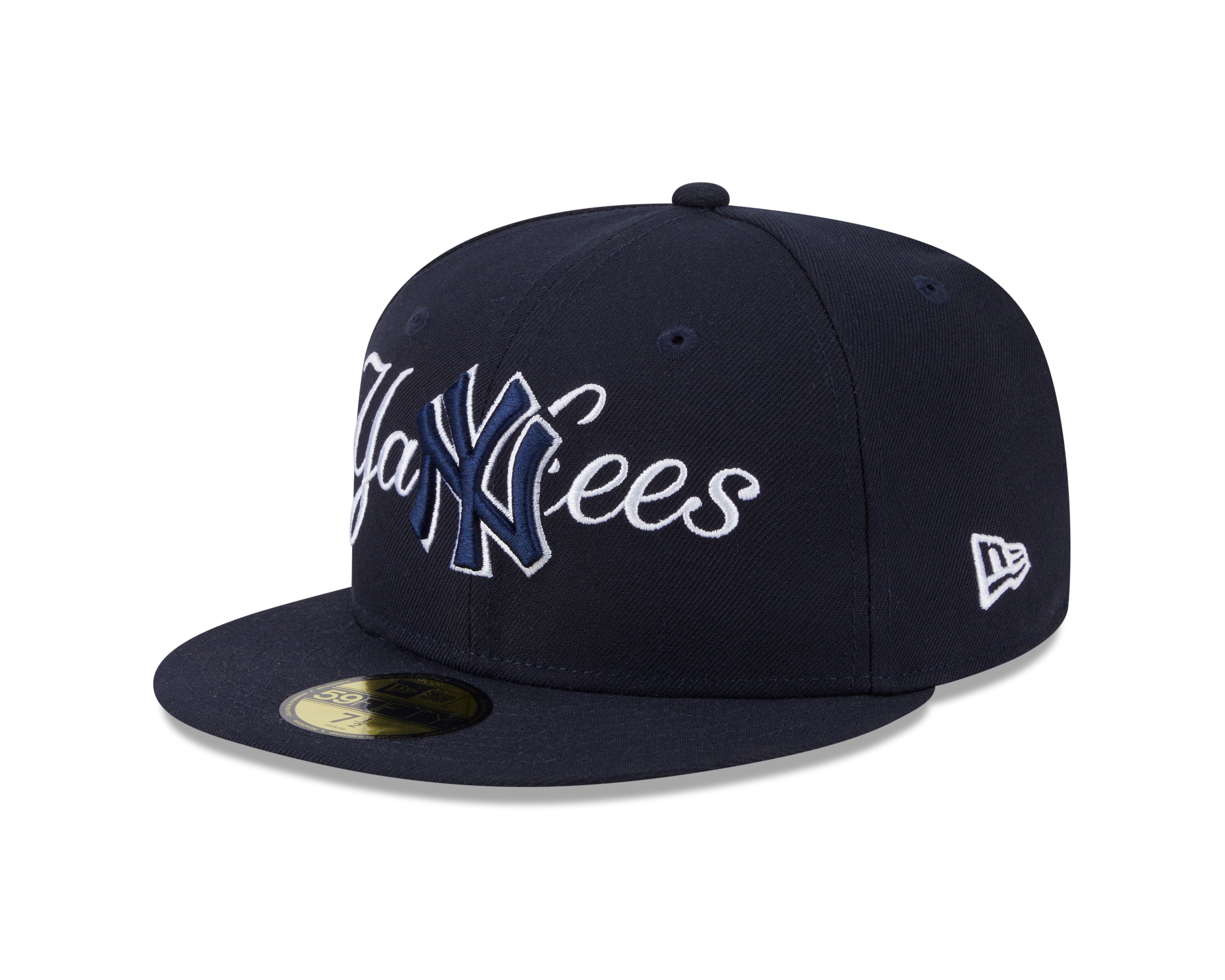 New York Yankees MLB New Era Men's Dark Navy 59Fifty Overlap Scipt Fitted Hat