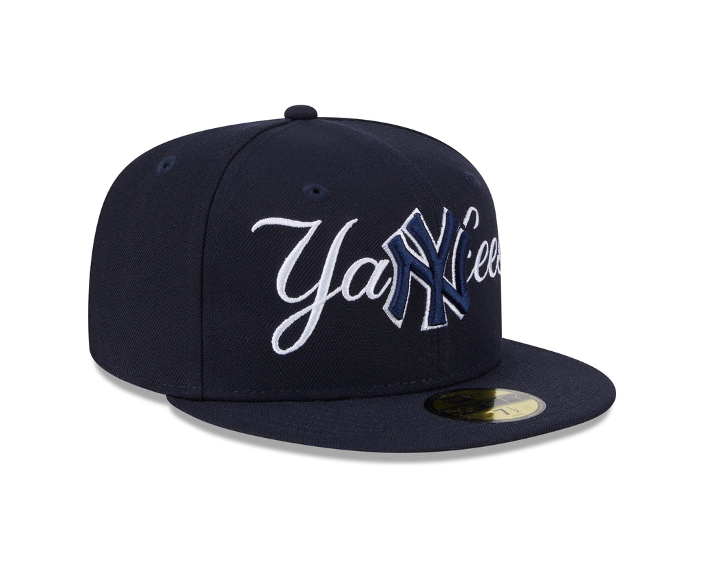 New York Yankees MLB New Era Men's Dark Navy 59Fifty Overlap Scipt Fitted Hat