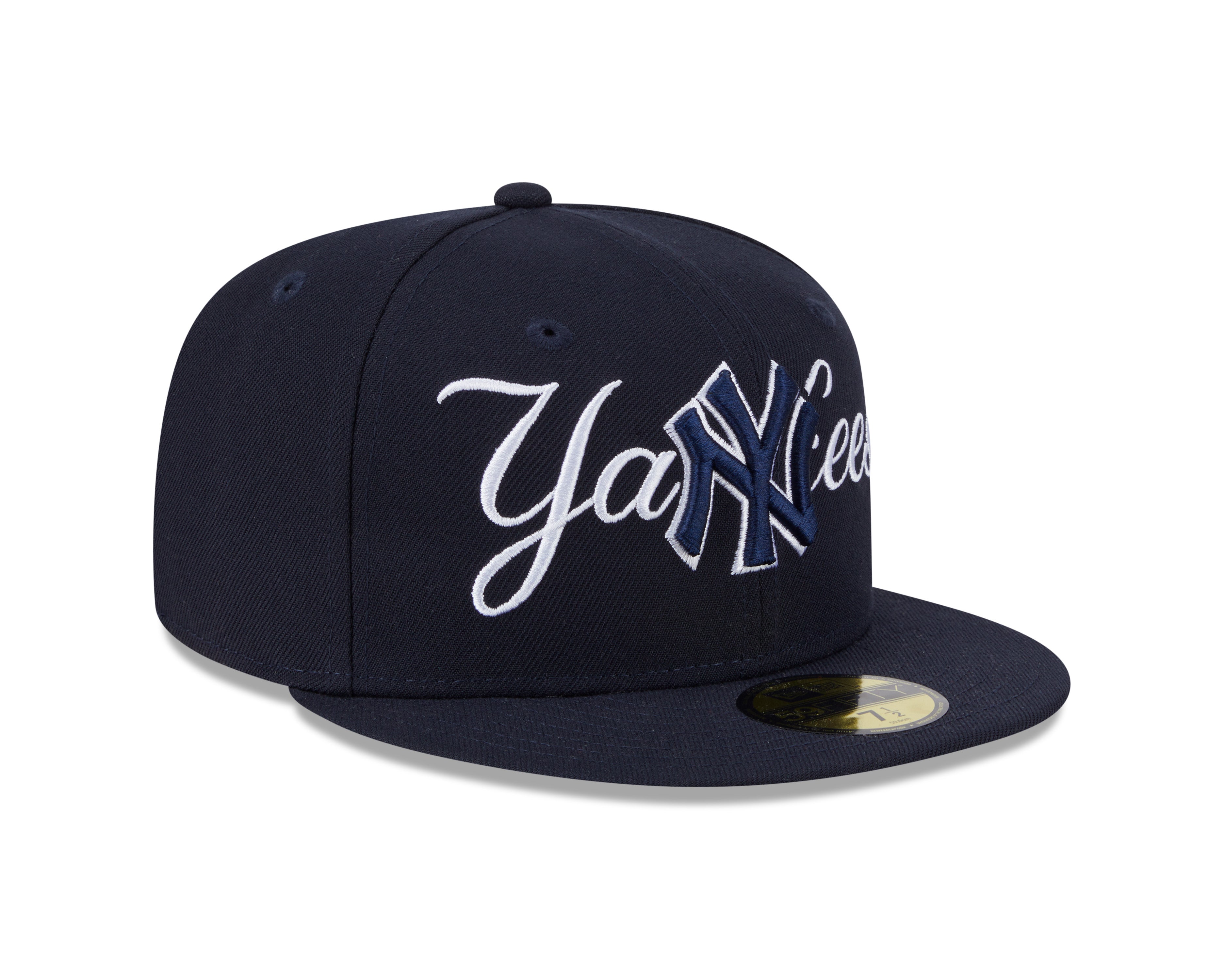 New York Yankees MLB New Era Men's Dark Navy 59Fifty Overlap Scipt Fitted Hat