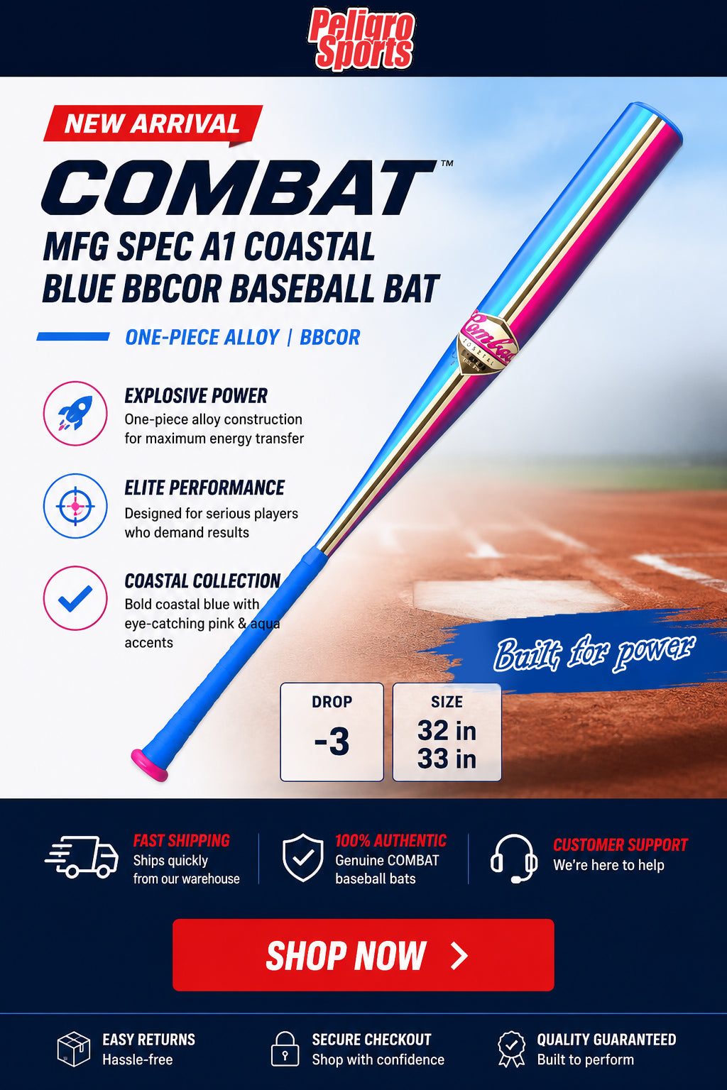 COMBAT MFG Spec A1 Coastal Blue BBCOR Baseball Bat -3 | One-Piece Alloy Baseball Bat | CBB7CSTB3