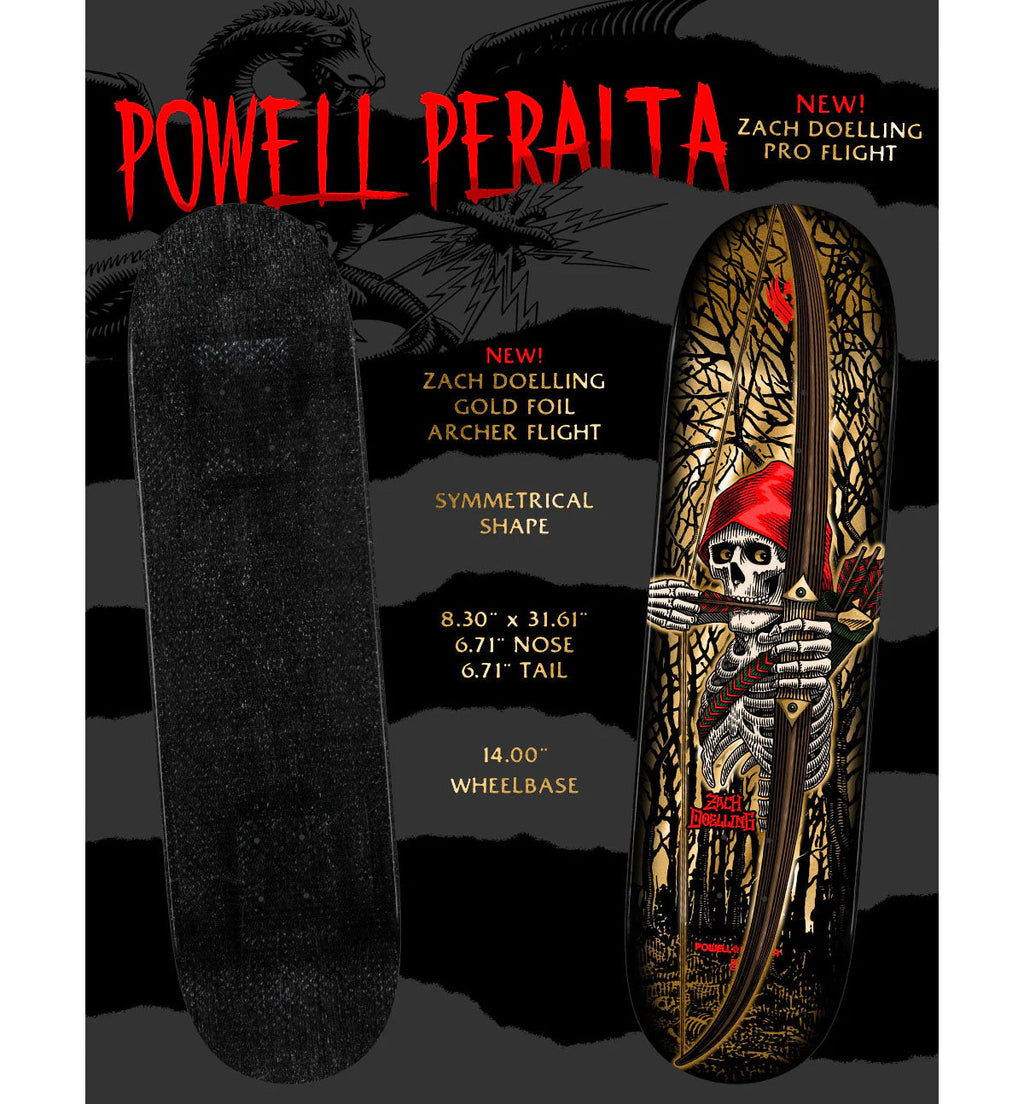 Powell Peralta Skateboard Deck Flight Zach Doelling Archer Twin Gold Foil 8.3" x 31.61"