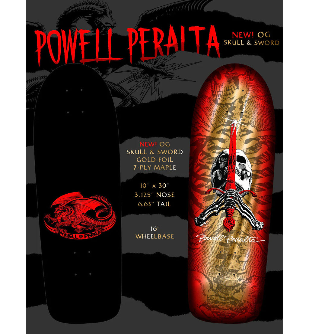 Powell Peralta Skateboard Deck Rodriguez Skull and Sword Gold Foil Old School Reissue