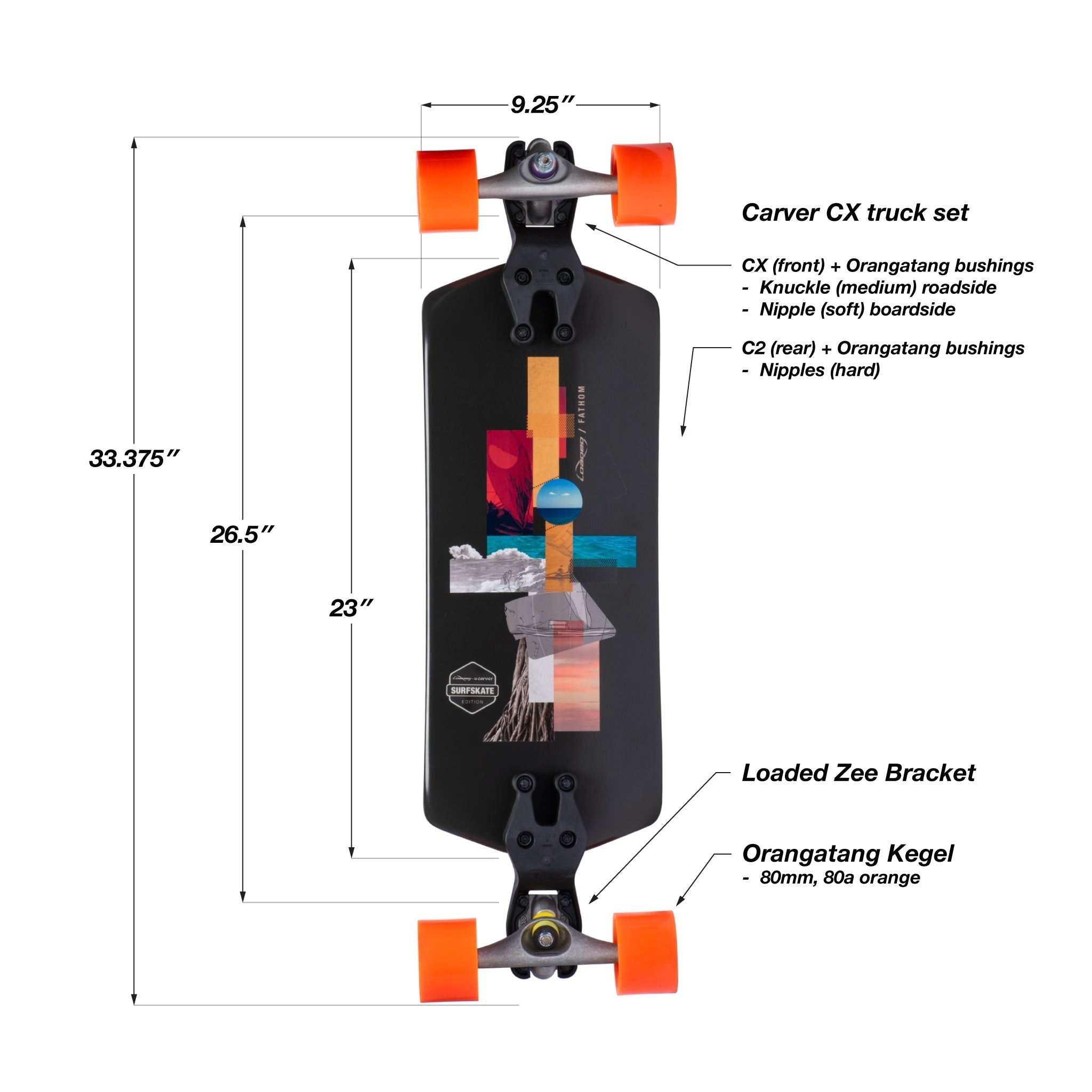 Loaded Boards Fathom Surfskate Complete; Zee Bracket, Carver Trucks and Orangatang Kegels