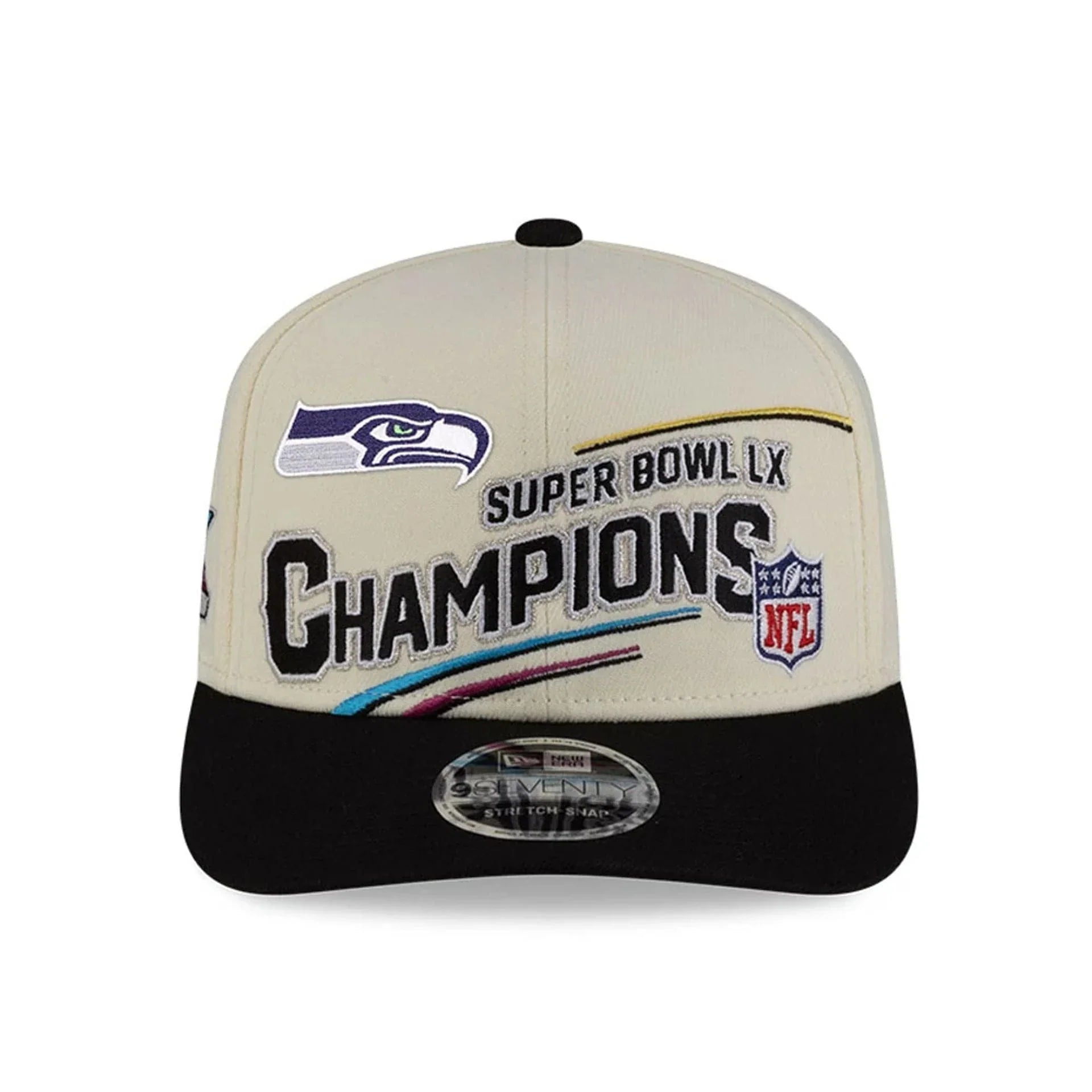 Seattle Seahawks NFL New Era Men's Cream 9SEVENTY Super Bowl LX Champions Locker Room Stretch Snapback