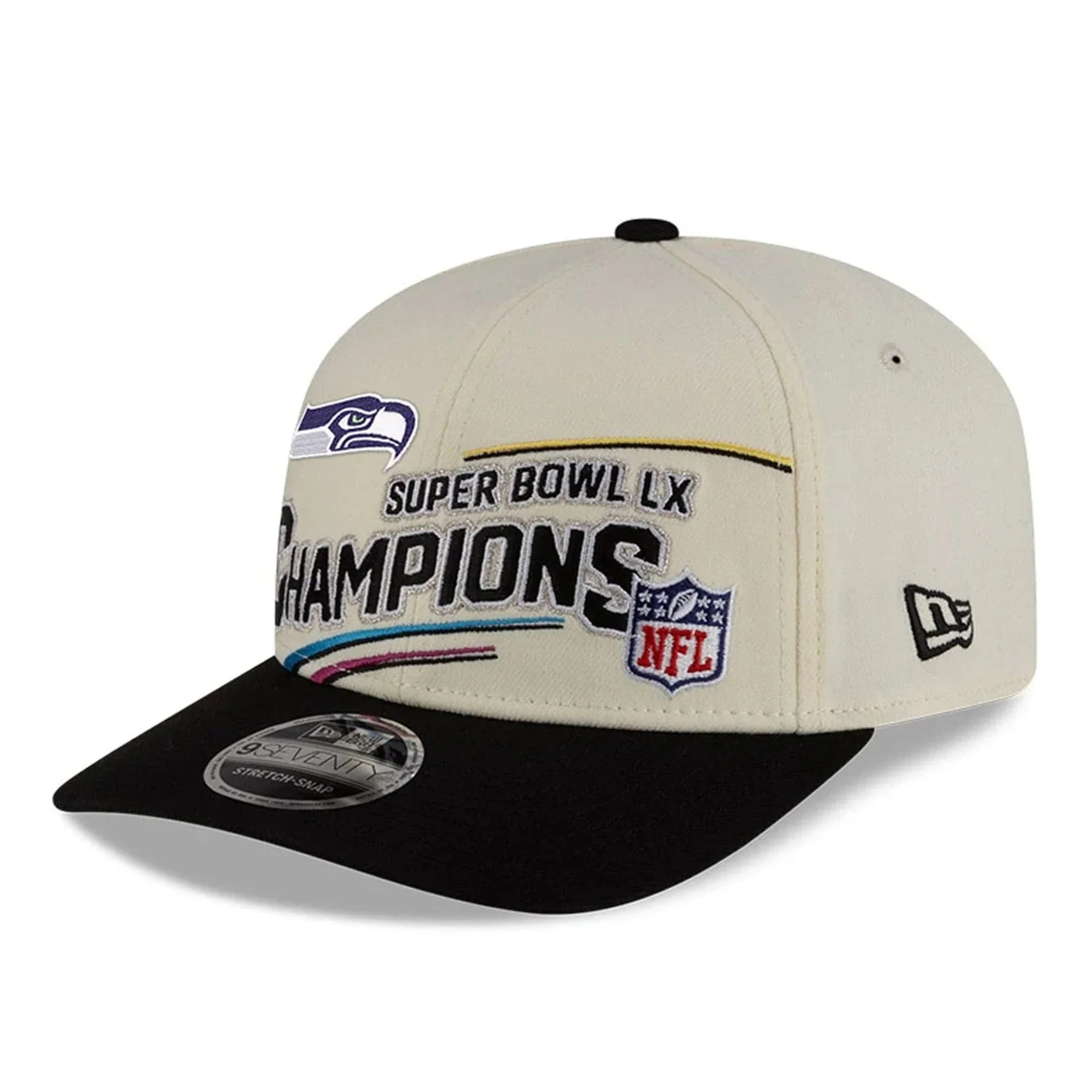 Seattle Seahawks NFL New Era Men's Cream 9SEVENTY Super Bowl LX Champions Locker Room Stretch Snapback