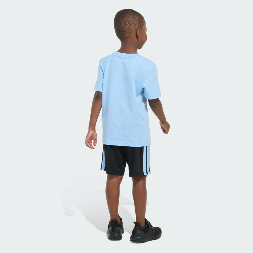 Kids' adidas Two-Piece Short Sleeve Graphic Cotton Tee and 3-Stripes Shorts Set