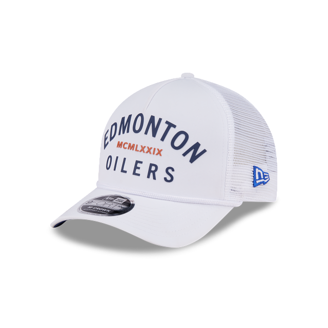 Edmonton Oilers NHL New Era Men's White 9FORTY M-Crown A-Frame Minimalist Trucker Hat
