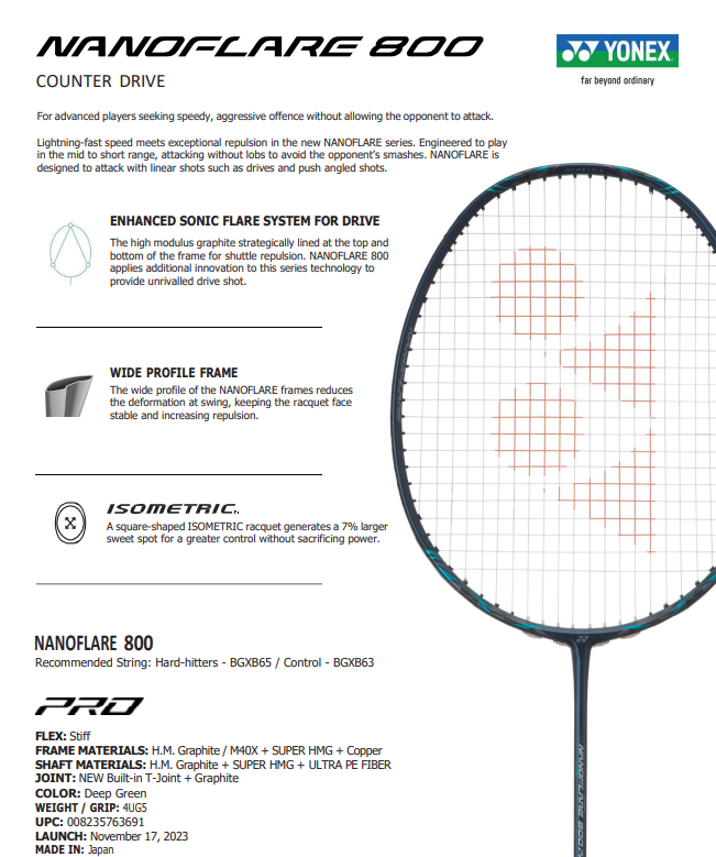 Yonex Nanoflare 800 Pro [Deep Green] Unstrung