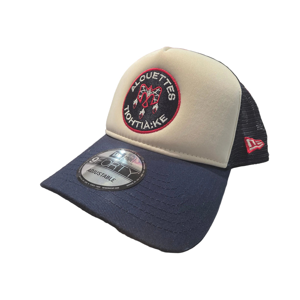 Montreal Alouettes CFL New Era Men's Beige Navy 9Forty A-Frame Trucker Snapback Hat